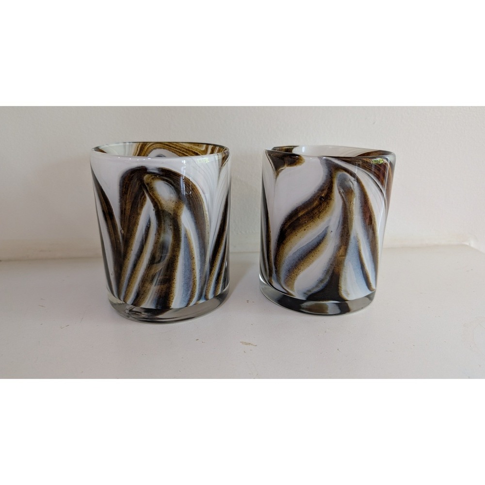 Vintage DB Hand Blown Art Glass Tumblers Brown White Swirl Marbled Glasses Set 2